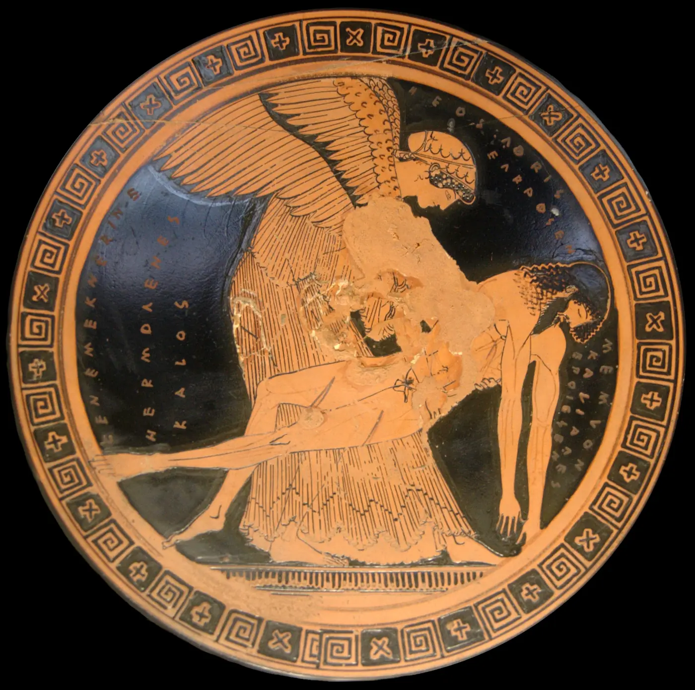 Eos carrying the body of her son Memnon, cup by Douris